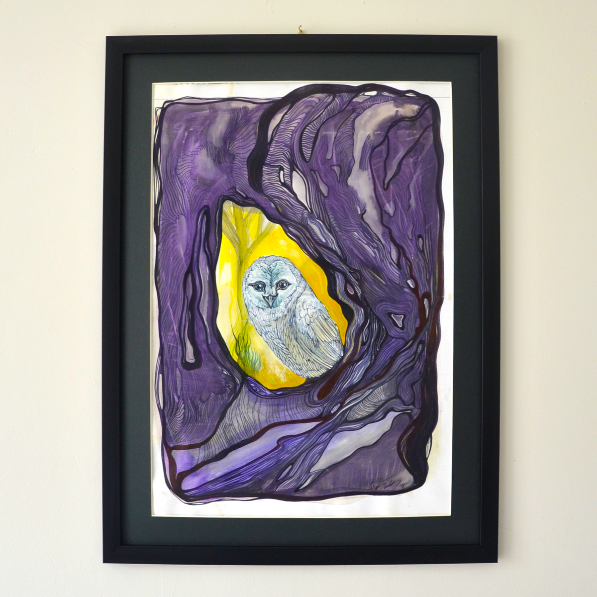 Die Eule in der Violetten Höhle - Originales Kunstwerk Gemälde