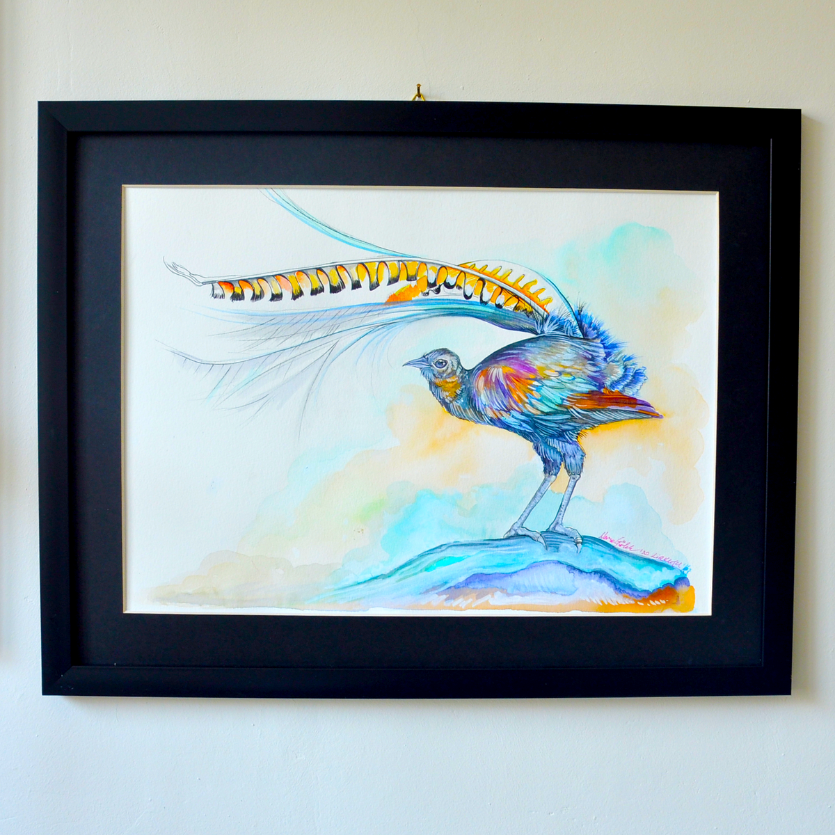 Lyra-Vogel - Gerahmtes Original-Kunstwerk Gemälde