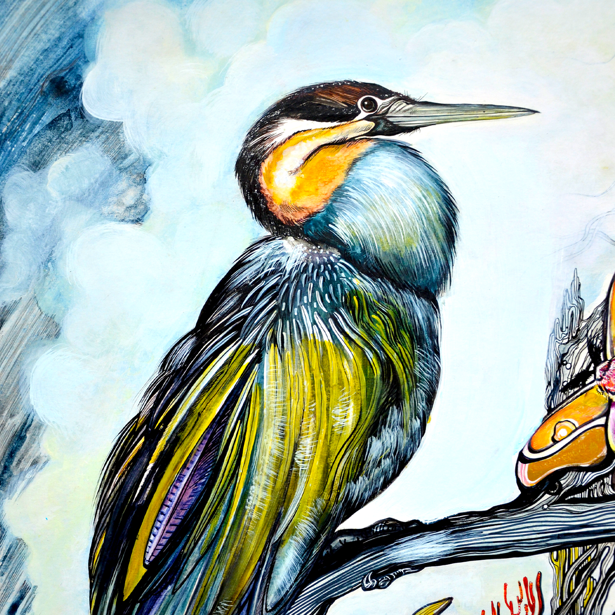 Reiher Und Schmetterling | Original Gerahmtes Kunstwerk