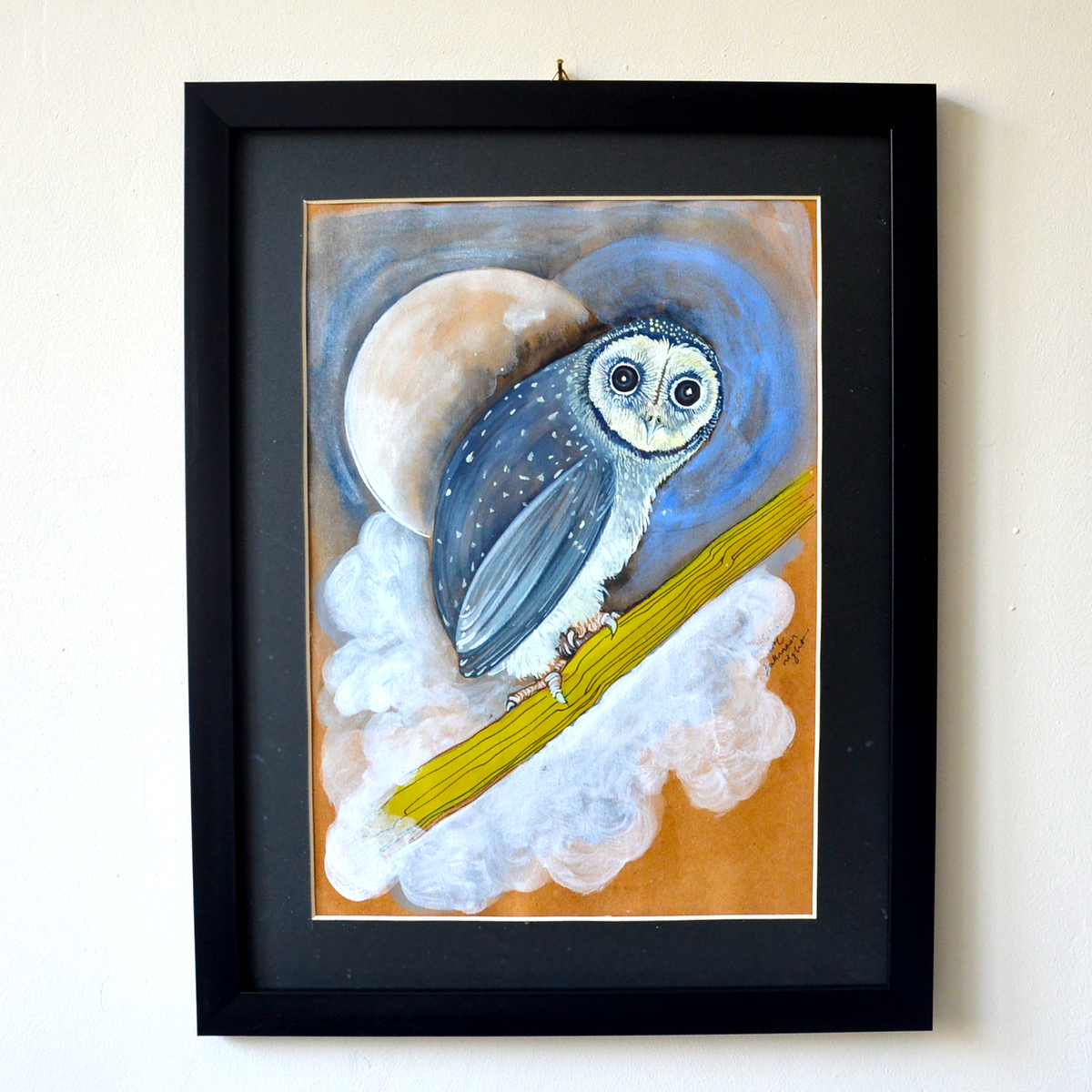 Vollmond-Nacht-Eule - Gerahmtes Original-Kunstwerk Gemälde