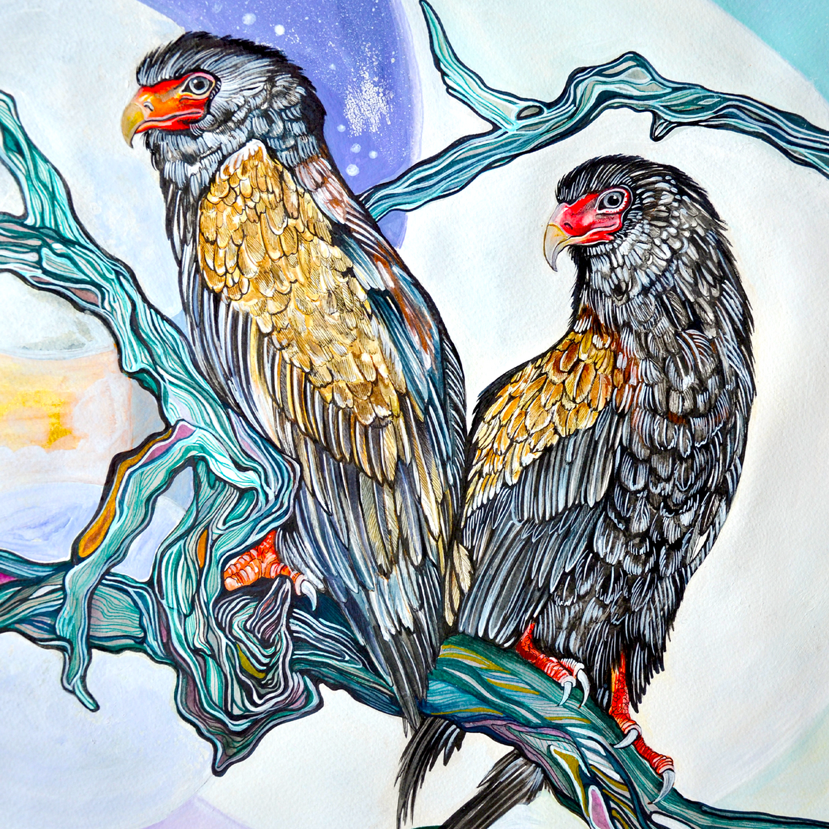 Zwei Bateleur Und Gelbe Schlange | Kosmisches Natur-Thema Original-Kunstwerk