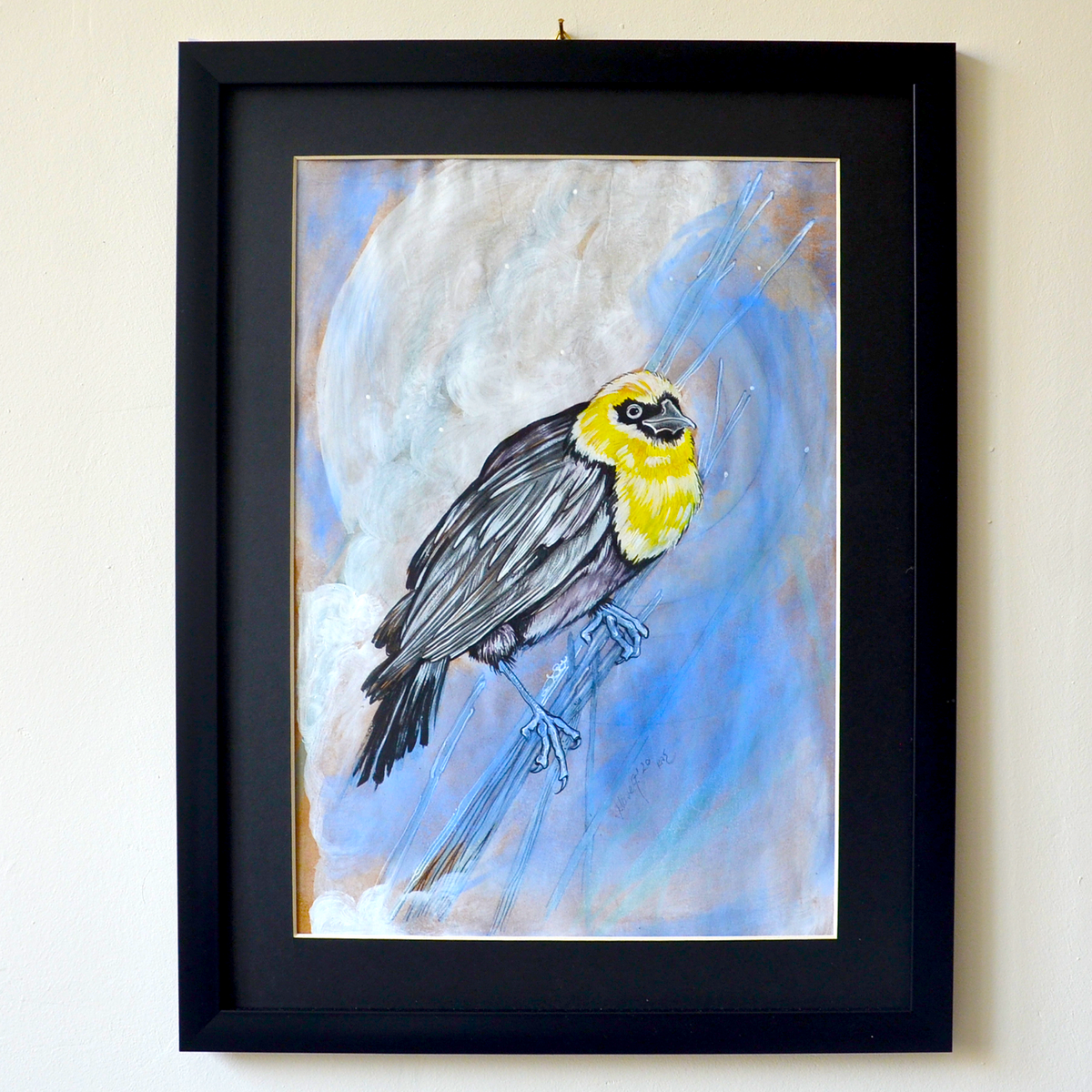 Oiseau Messager à Tête Jaune | Œuvre d'Art Originale Encadrée Tableau