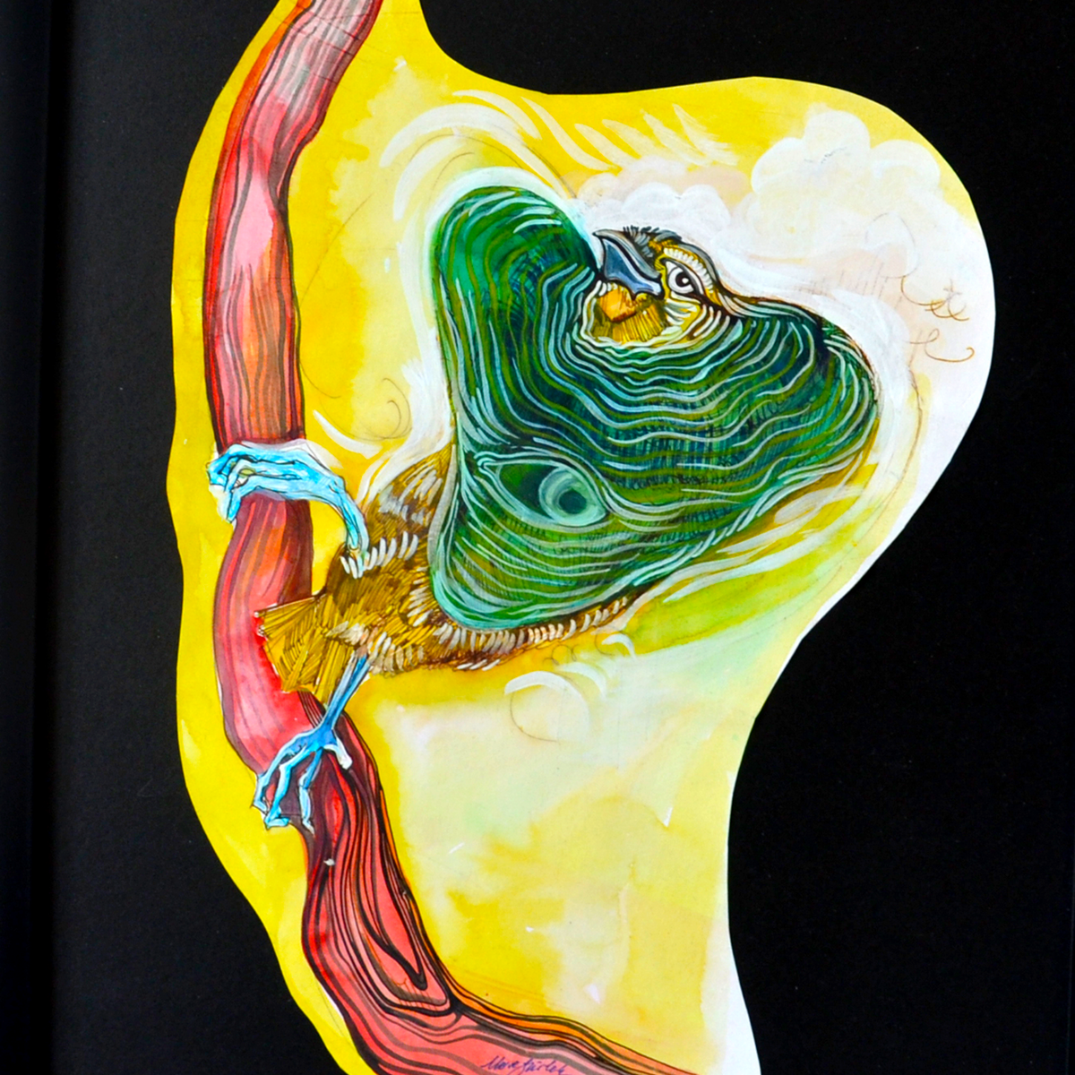 Oiseau Vert Dansant | Œuvre d'Art Originale Encadrée