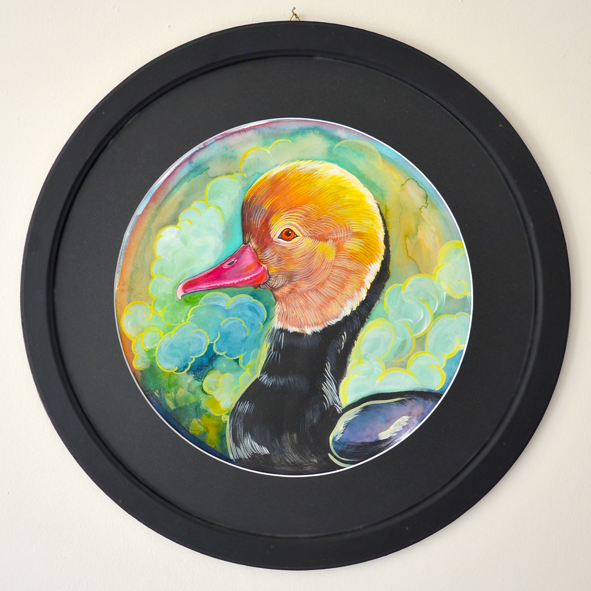 Portrait de Canard Hongrois - Œuvre d'Art Originale Encadrée Ronde