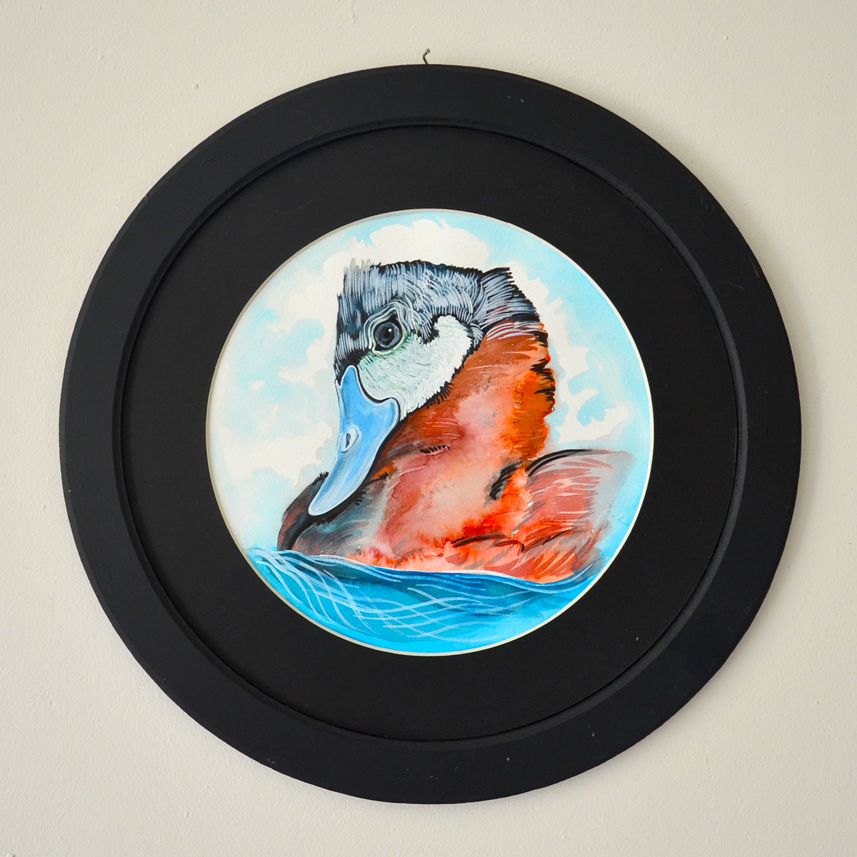 Blue Billed Duck Portrait - Siyah Yuvarlak Çerçeveli Orijinal Sanat Eseri Tablo
