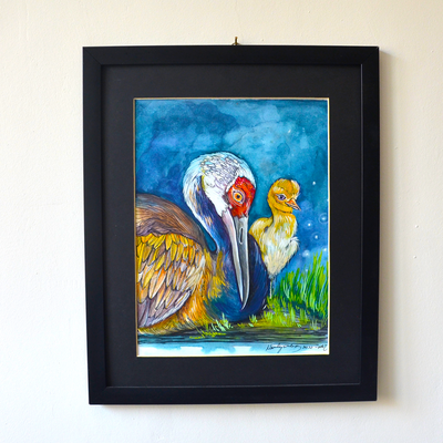 Mother And Baby Crane - Original Artwork - Round Black Framed Painting