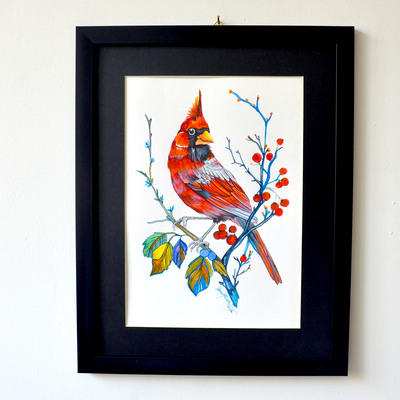 Red Cardinal Bird | Special Collection | Framed Original Artwork Painting