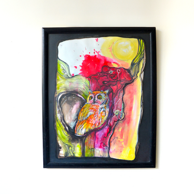 Red-Owl I Original Artist Unique Technique Owl Themed Painting