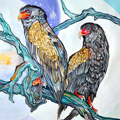 Two Bateleur And Yellow Snake | Cosmic Nature Themed Original Art Work