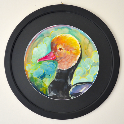 Portrait de Canard Hongrois - Œuvre d'Art Originale Encadrée Ronde