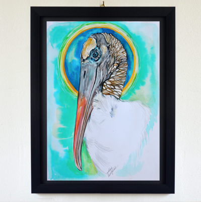 Uccello Wood Stork | Opera d'Arte Originale Incorniciata